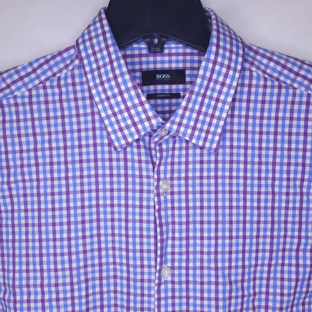 Hugo Boss Dress Shirt Mens 17 Gingham Purple, White, Blue 34/35 Sharp Fit